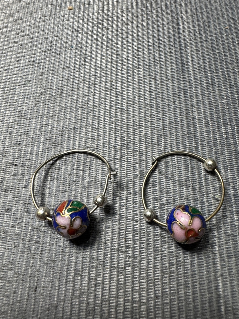 Vintage Source Unknown Pink & Blue Cloisonné Hoop Earrings